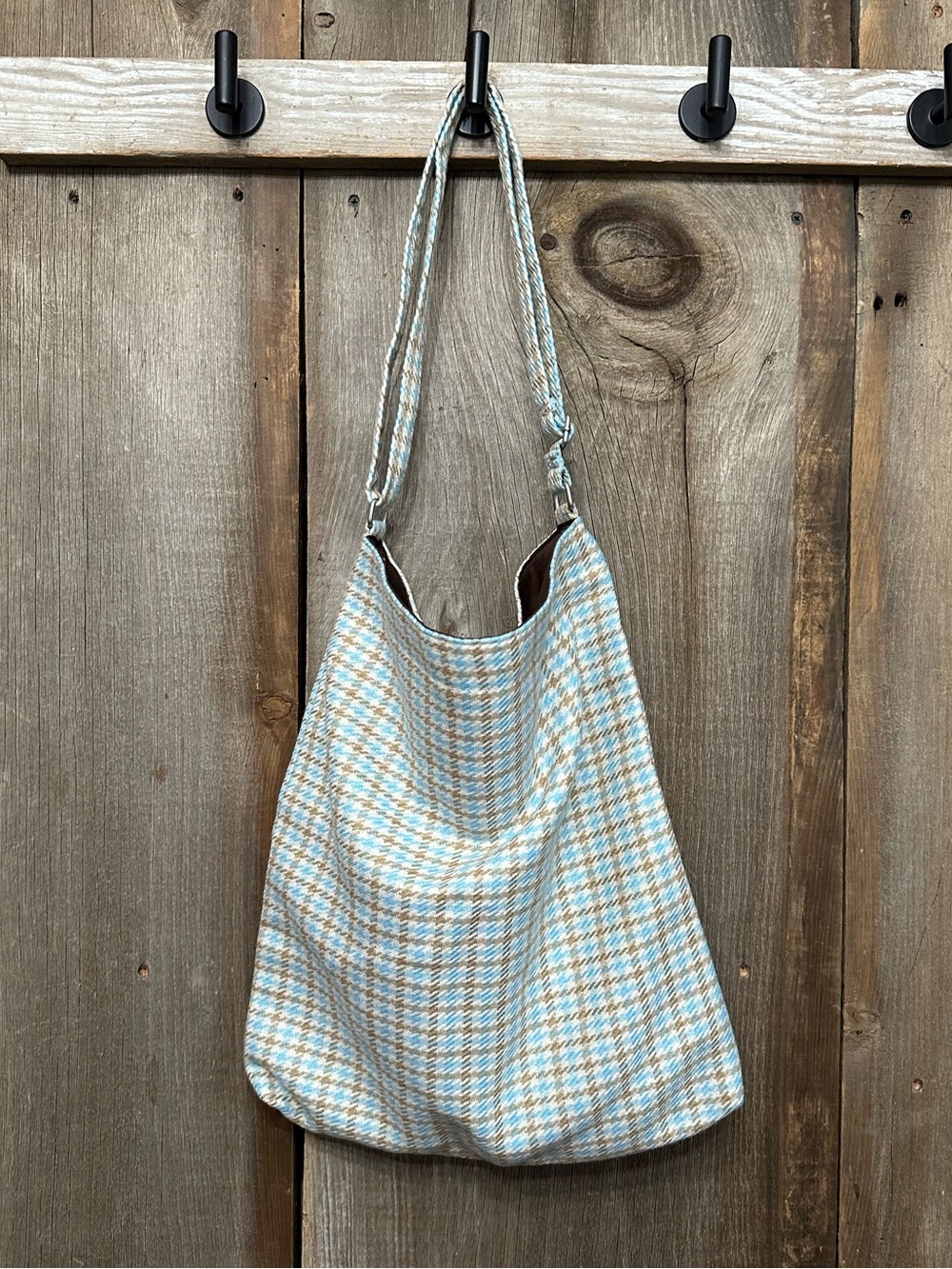 2005 Old Navy Wool Houndstooth Crossbody Tote Bag Purse in Blue Brown